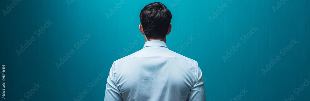 man in white shirt stands with his back to camera against blue background, conveying sense of contemplation and introspection man in white shirt stands with his back to camera against blue background, conveying sense of contemplation and introspection