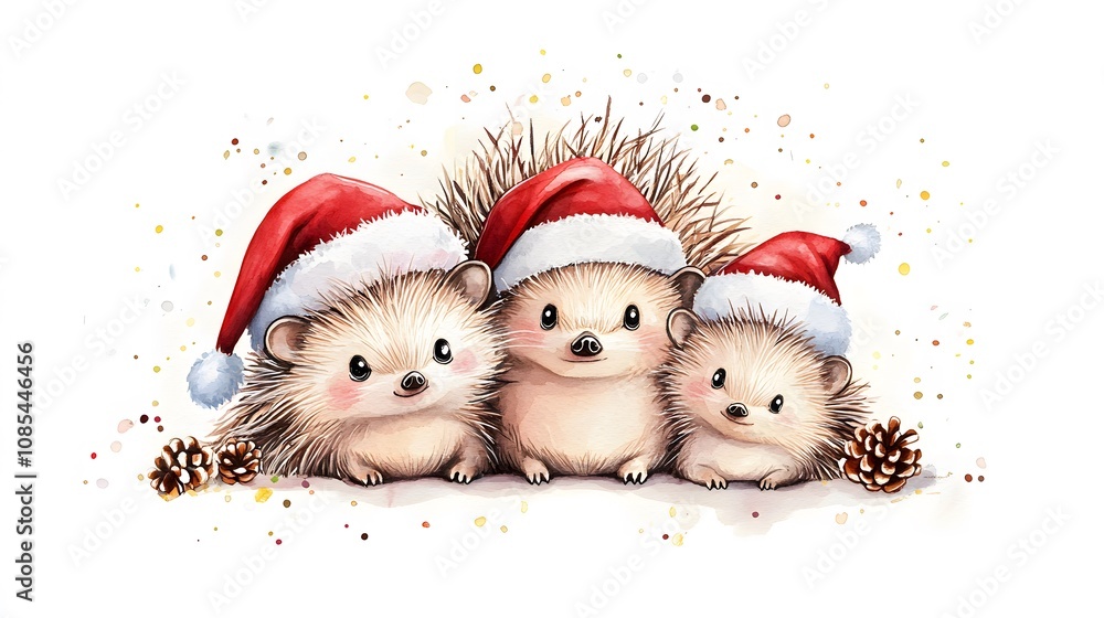 Three Adorable Hedgehogs Wearing Santa Hats Three Adorable Hedgehogs Wearing Santa Hats