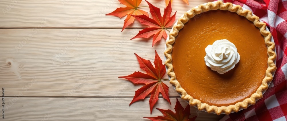 Homemade pumpkin pie with whipped topping and colorful leaves, autumn, tradition Homemade pumpkin pie with whipped topping and colorful leaves, autumn, tradition