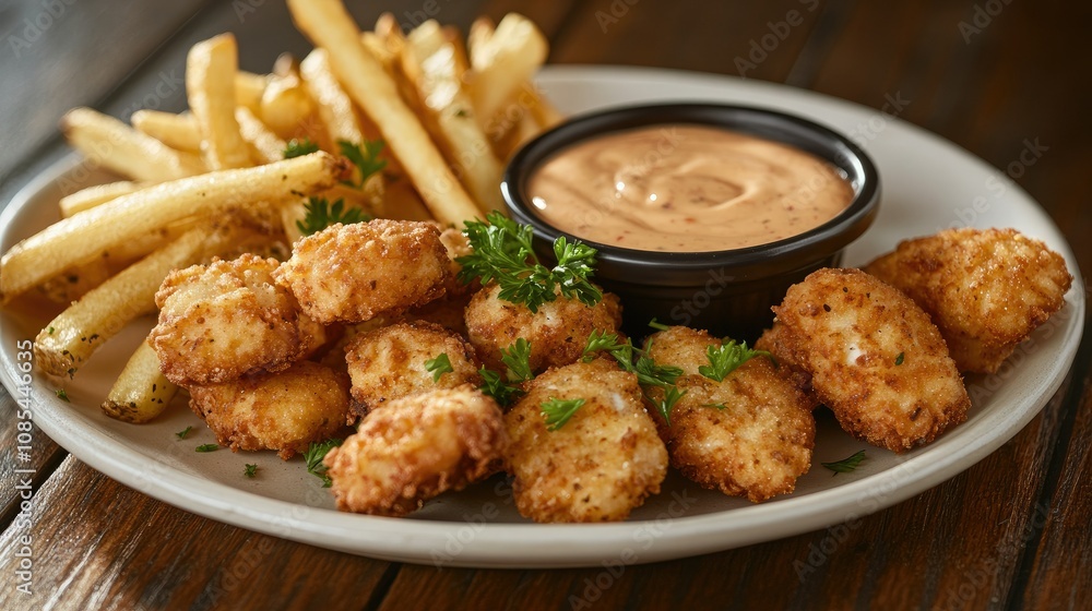Plate of chicken nuggets and French fries with a dipping sauce, set against a wooden background with a garnish of fresh parsley Plate of chicken nuggets and French fries with a dipping sauce, set against a wooden background with a garnish of fresh parsley