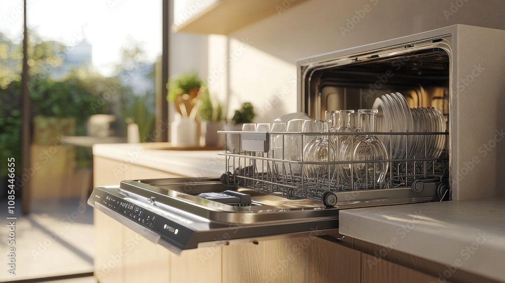 Dishwasher with clean dishes in a modern kitchen. Dishwasher with clean dishes in a modern kitchen.