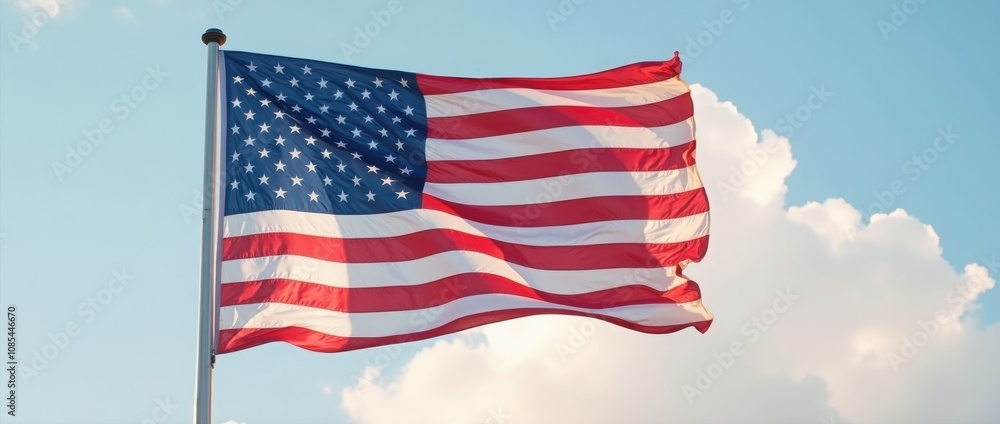Fototapeta premium American Flag Waving Against a Bright Blue Sky