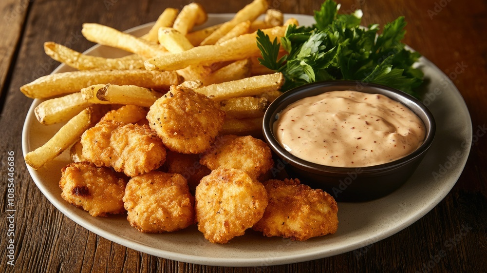 Plate of chicken nuggets and French fries with a dipping sauce, set against a wooden background with a garnish of fresh parsley Plate of chicken nuggets and French fries with a dipping sauce, set against a wooden background with a garnish of fresh parsley