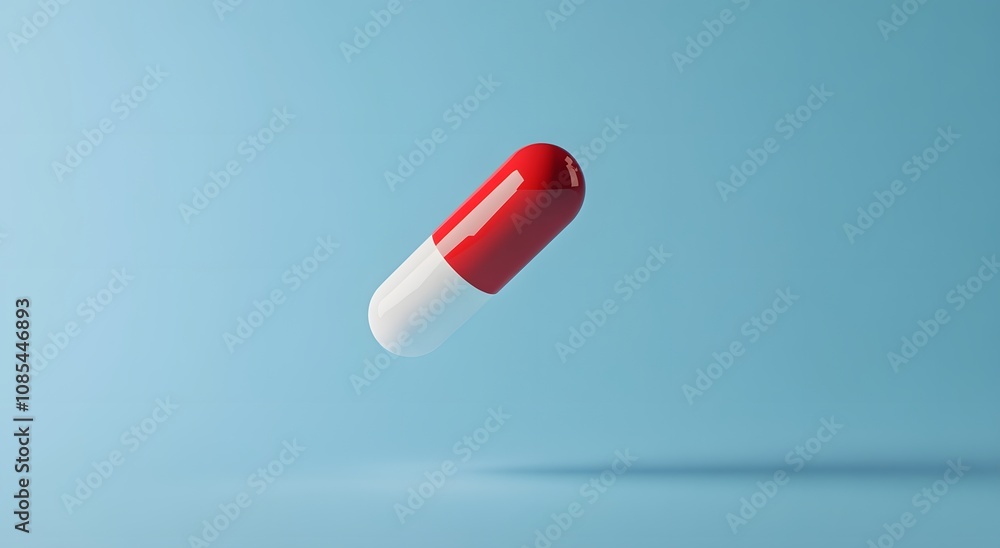 Red and White Capsule Floating Against Blue Background Red and White Capsule Floating Against Blue Background