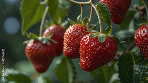 Close-up Ripe strawberries on a branch