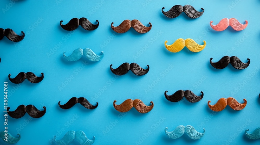 Fototapeta premium Moustaches of various shapes adorn a blue background, ready for a celebratory photoshoot. This playful display serves as a thoughtful reminder of Father's Day and the importance of men's health