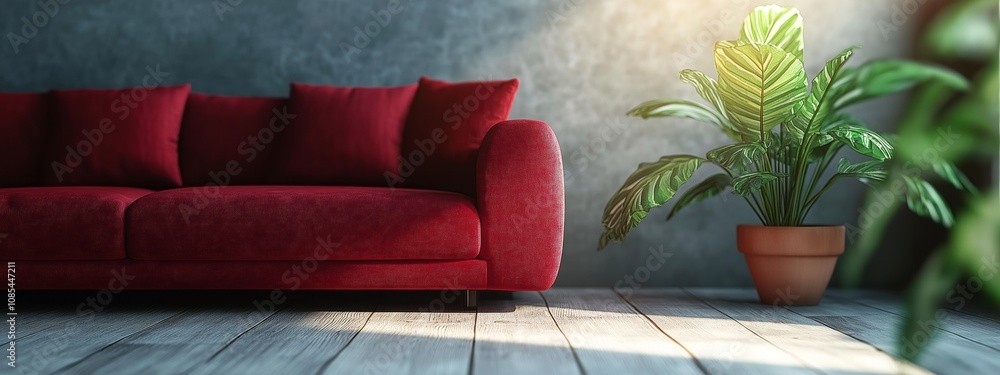 Obraz premium A cozy interior featuring a plush red sofa beside a potted plant, illuminated by warm sunlight, creating a vibrant and inviting atmosphere.