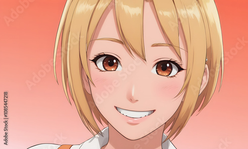 cute anime girl with brown eyes and yellow hair smiling on soft background, background with cute smiling anime girl