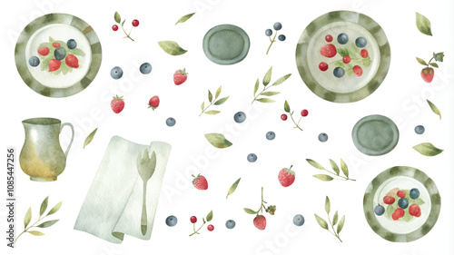 Set of watercolor dishes with berries. Hand-drawn illustration.