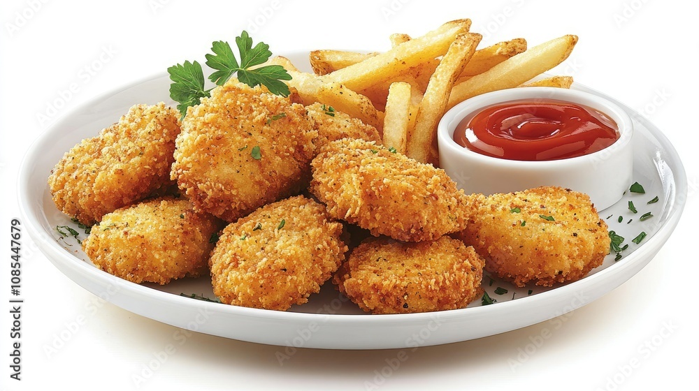 Plate of golden chicken nuggets and crispy French fries, served with ketchup, honey mustard, and a garnish of herbs Plate of golden chicken nuggets and crispy French fries, served with ketchup, honey mustard, and a garnish of herbs