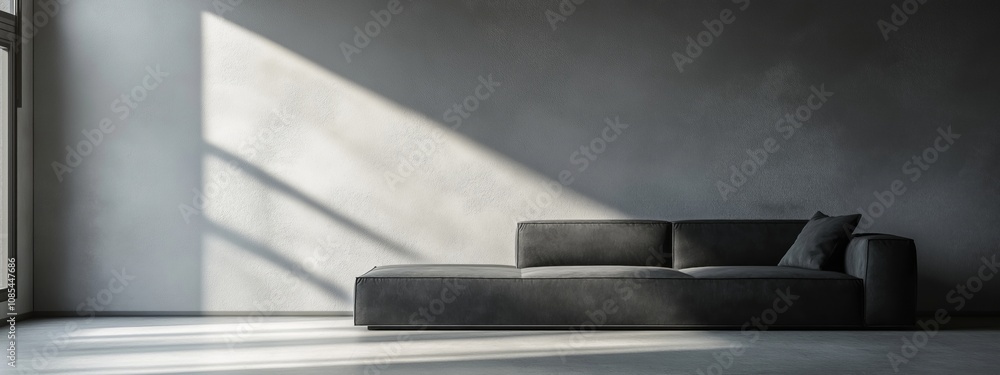 A modern, minimalist living room featuring a sleek black sofa with sunlight casting shadows on a textured gray wall. A modern, minimalist living room featuring a sleek black sofa with sunlight casting shadows on a textured gray wall.