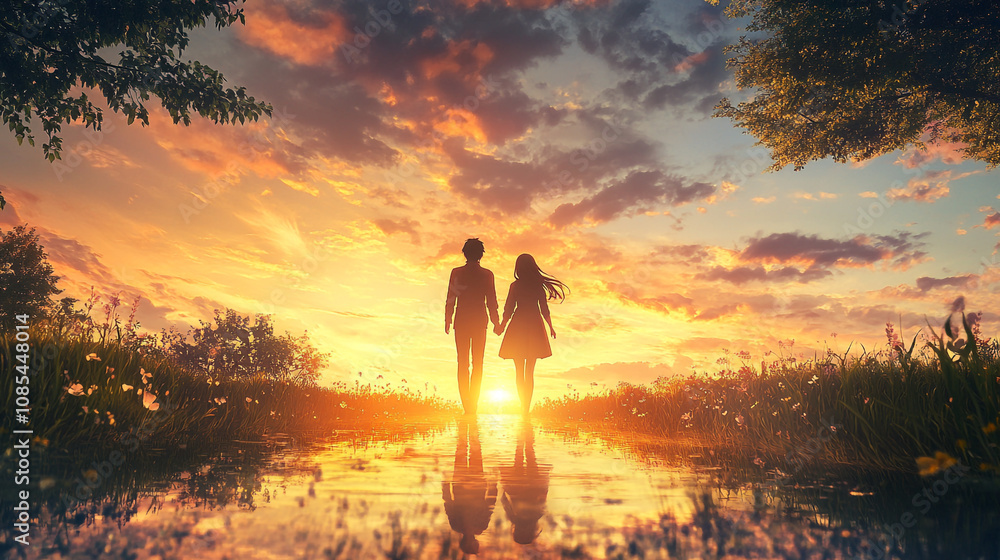 Fototapeta premium Romantic couple holding hands at sunset by a tranquil lake with colorful sky and reflection