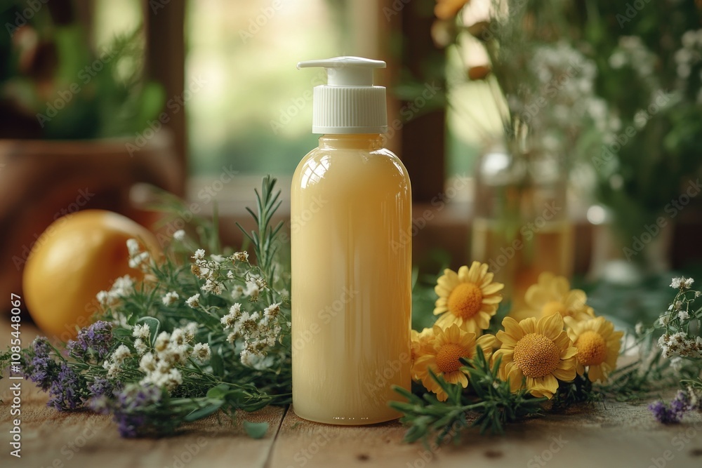 Yellow liquid in a pump bottle among flowers. Yellow liquid in a pump bottle among flowers.