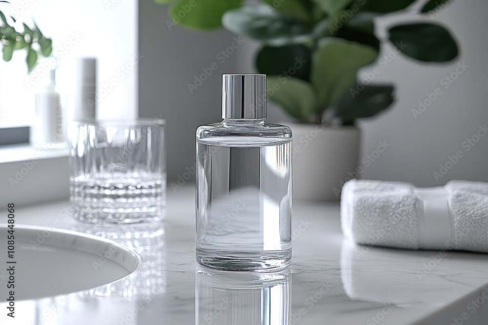 Elegant bathroom scene with a glass bottle. Elegant bathroom scene with a glass bottle.