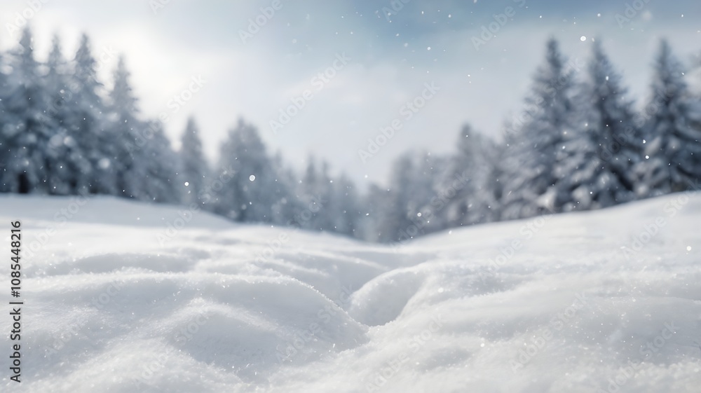 beautiful winter day in a serene snowy landscape background. fresh, untouched snow covers the ground, in the background, snow-covered pine trees create a blurred backdrop beautiful winter day in a serene snowy landscape background. fresh, untouched snow covers the ground, in the background, snow-covered pine trees create a blurred backdrop
