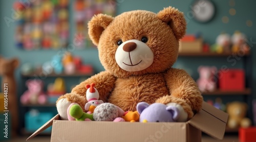 Teddy Bear Amidst a Colorful Toy Collection