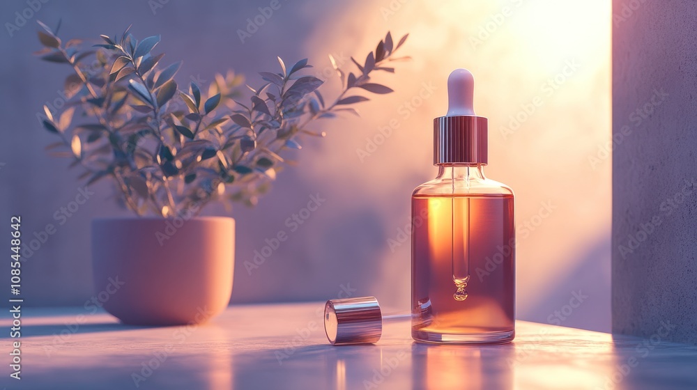 Glass dropper bottle with liquid and plant. Glass dropper bottle with liquid and plant.