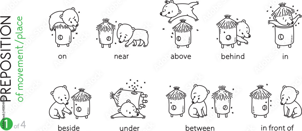 Preposition of place. Funny bears cartoon set Preposition of place. Funny bears cartoon set