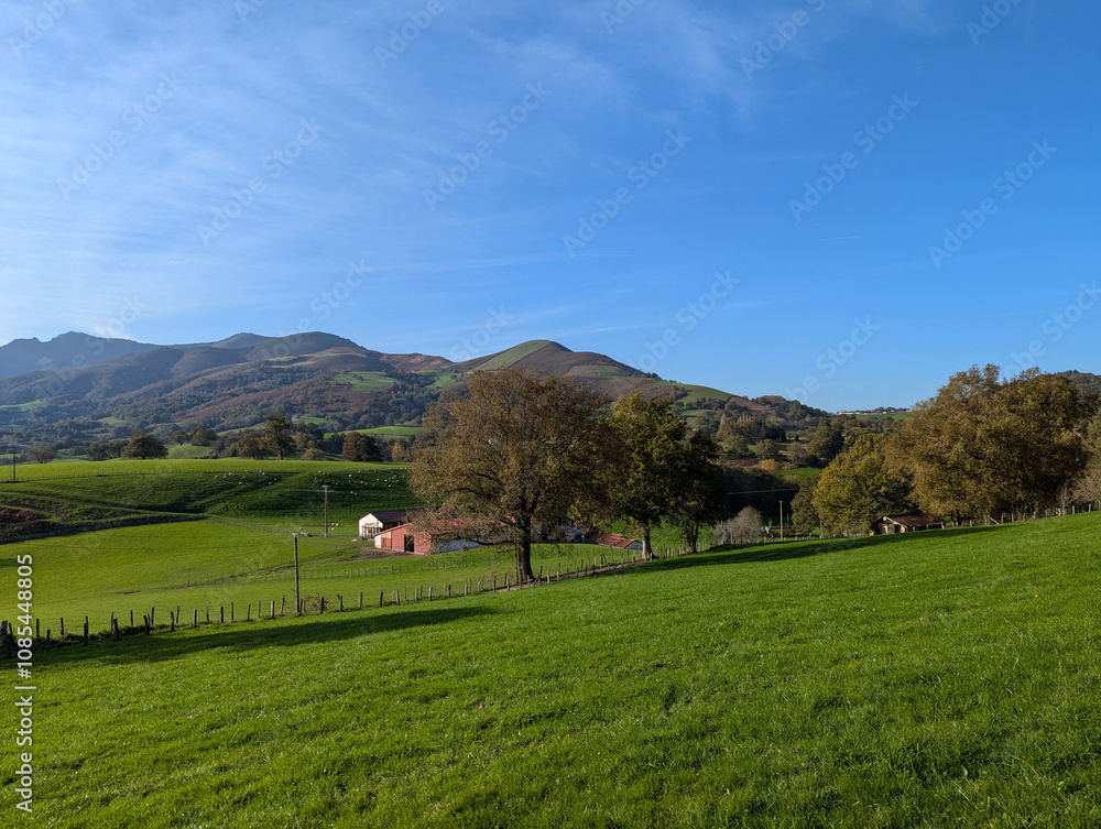 Paisagem rural em meio às montanhas com verdes pastagens e algumas árvores sob um céu azul Paisagem rural em meio às montanhas com verdes pastagens e algumas árvores sob um céu azul
