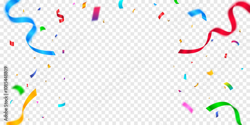 Celebration background template with colorful confetti and ribbons. Festive colorful confetti isolated