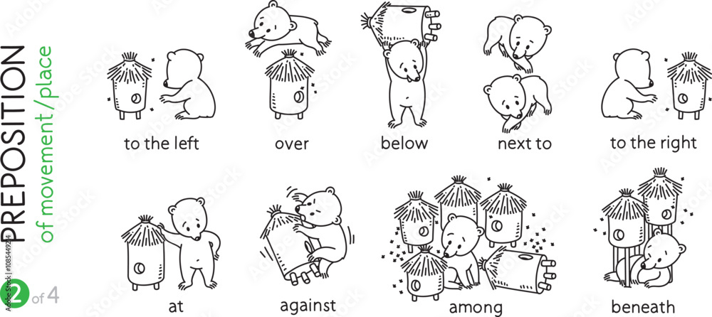 Preposition of place. Funny bears cartoon set Preposition of place. Funny bears cartoon set
