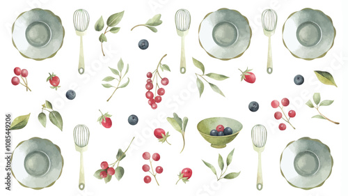 Watercolor hand drawn set of kitchen utensils and berries.