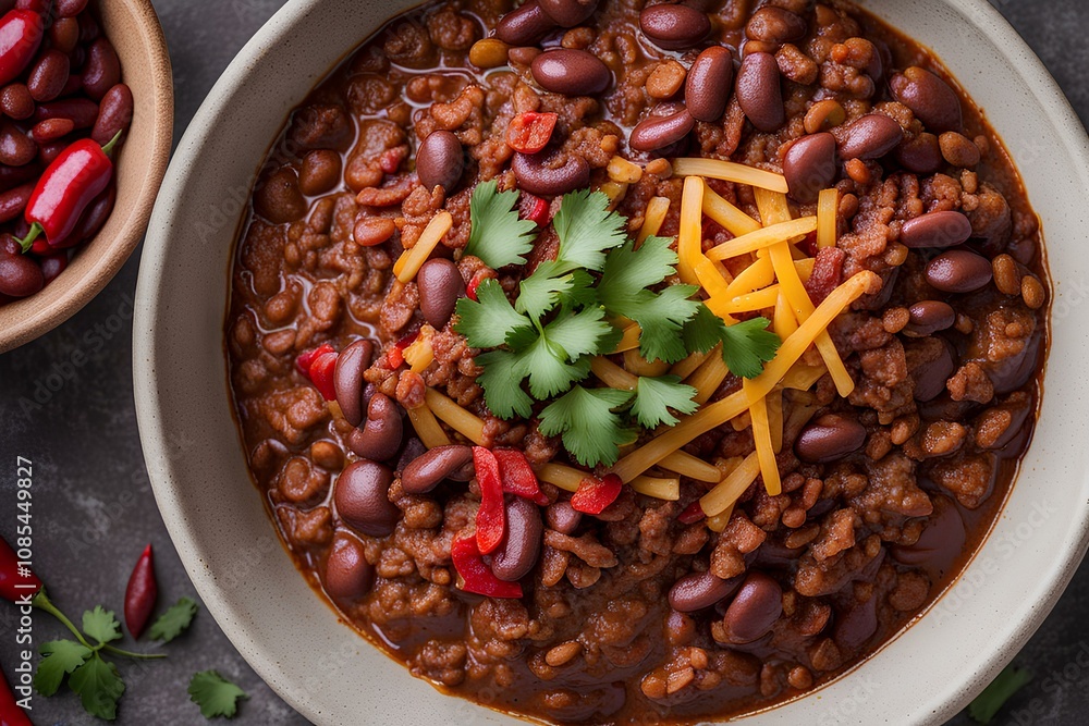 Hearty Chili Con Carne: Beef, Red Beans, and Spicy Chili Peppers in a Bowl Hearty Chili Con Carne: Beef, Red Beans, and Spicy Chili Peppers in a Bowl