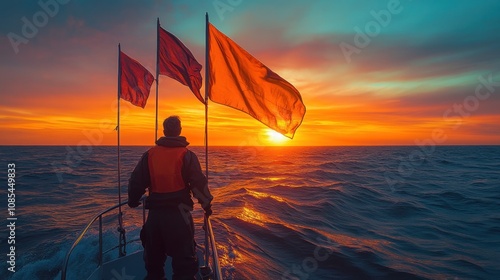 A crew member stands on a boat, hoisting vibrant flags against a stunning sunset, as waves gently roll around.