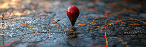 red location pin on detailed map, symbolizing navigation and travel. intricate road network highlights urban areas and routes