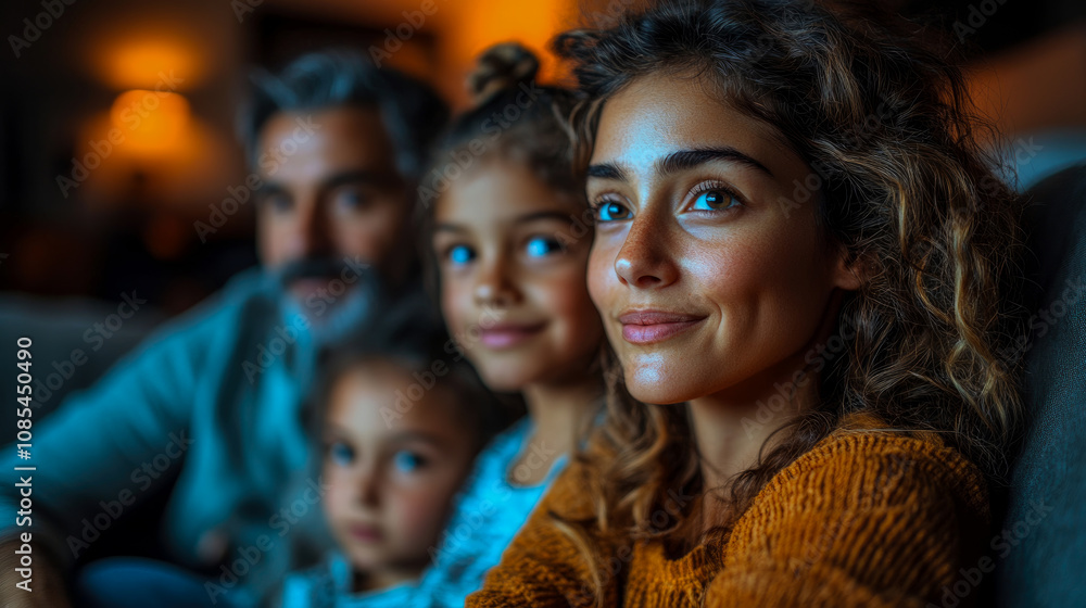 A family gathers on the couch for a cozy movie night, sharing smiles and a warm atmosphere during a relaxing evening at home A family gathers on the couch for a cozy movie night, sharing smiles and a warm atmosphere during a relaxing evening at home