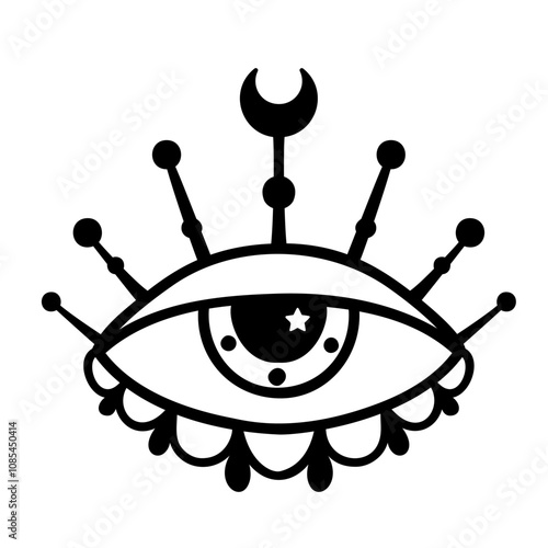 Eye boho. Lineart Vector illustration. Flower moon , Magic celestial witchcraft symbol. Masonic symbol. Hand drawn logo or emblem