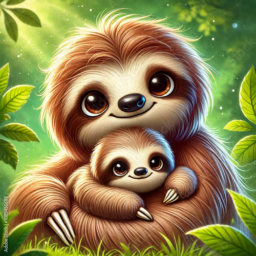 AI image of a cute, fluffy sloth with a baby, together in a warm and cozy jungle