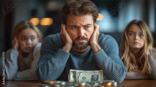 Financial crisis in family, job loss, bankrupt. Family going through hard times. Father sitting with head in hands, coins and last banknotes on the tabl. last money in the family budget photo