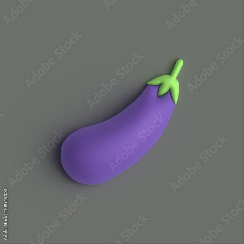 3D image of a purple eggplant with green leaves