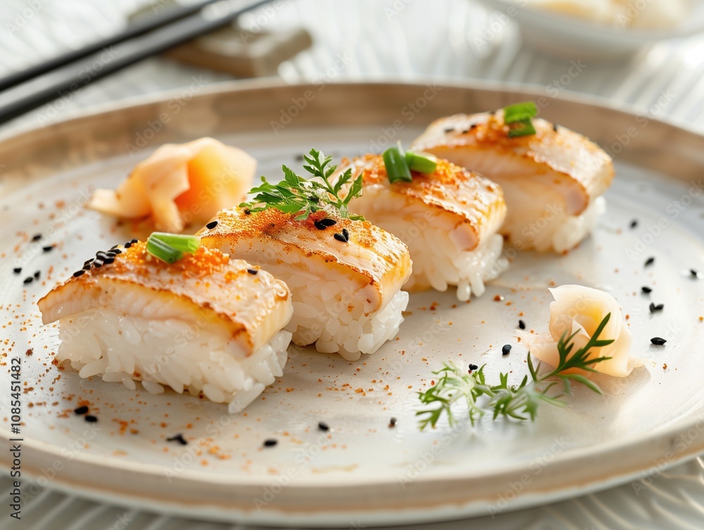 Close up Japanese Sushi Ika Nigiri, Squid Roll on a Ceramic Plate Close up Japanese Sushi Ika Nigiri, Squid Roll on a Ceramic Plate