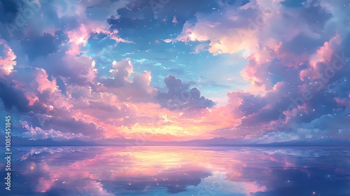 A serene sky with pastel-colored clouds creating background