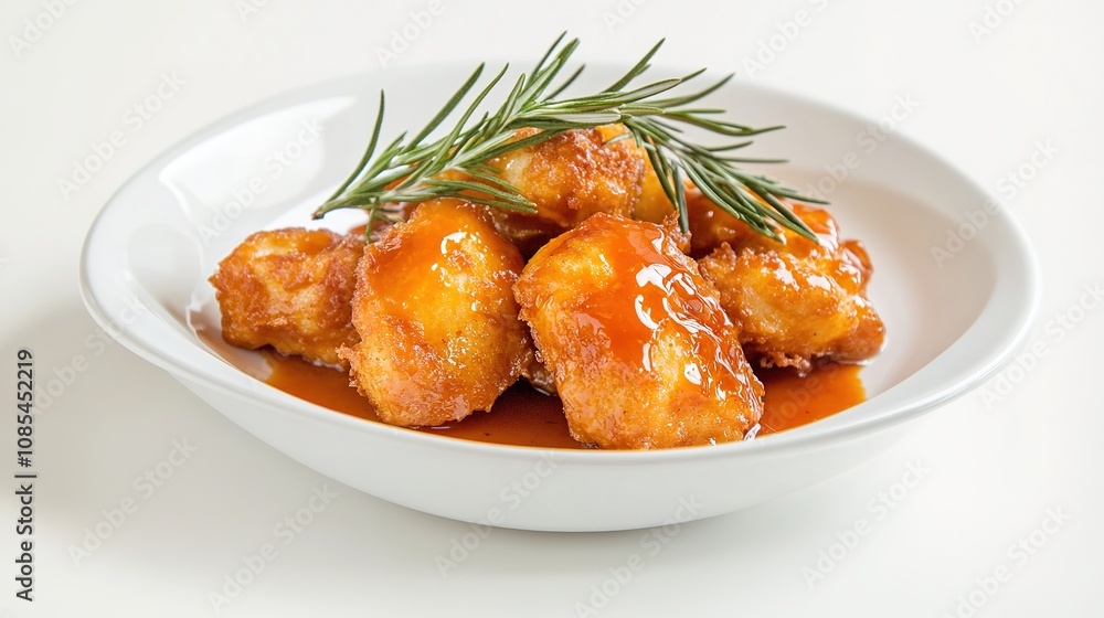 Crispy Fried Food Topped with Fresh Rosemary and Drizzled with Savory Sauce on a White Background, Perfect for Culinary and Gourmet Presentations Crispy Fried Food Topped with Fresh Rosemary and Drizzled with Savory Sauce on a White Background, Perfect for Culinary and Gourmet Presentations
