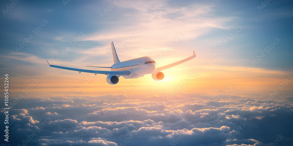 Obraz premium Commercial planes soar in the sea of clouds at dusk