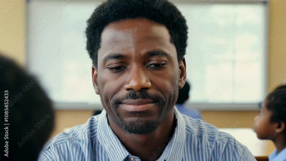 Portrait of smiling male African American teacher in a class at school looking at camera. Join our enthusiastic teacher as he brings lessons to life with energy and a smile in the classroom. Portrait of smiling male African American teacher in a class at school looking at camera. Join our enthusiastic teacher as he brings lessons to life with energy and a smile in the classroom.