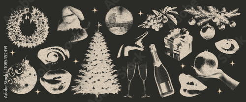 Elements of a retro-style Christmas collage are photocopies. grunge and glamour with vintage photocopy texture. A set of grunge graphics of hands, champagne, eyes, disco ball, Christmas tree. Vector.