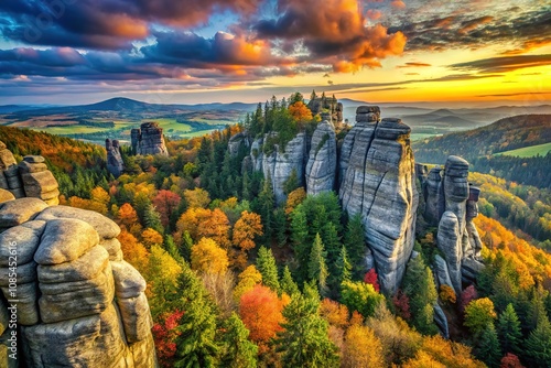 Szczeliniec Wielki, Poland:  AI-crafted portrait of a dramatic mountain. photo