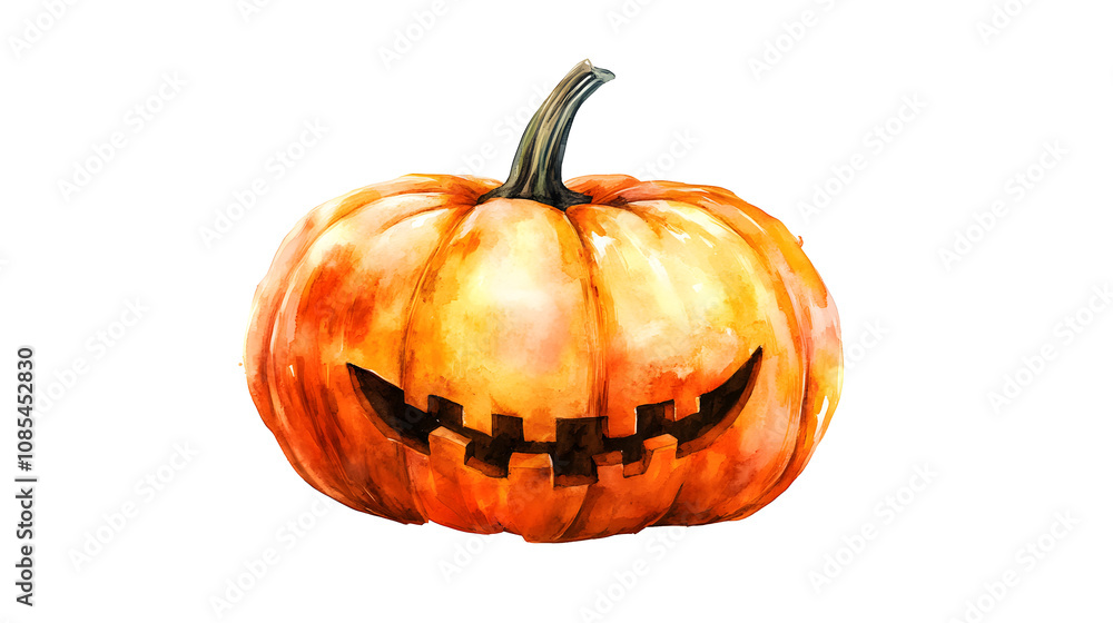 Obraz premium Halloween pumpkin isolated on white, orange autumn pumkin watercolour element , Halloween, pumpkin, isolated, white background