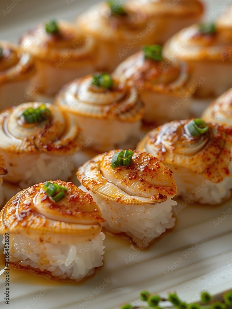Seared Hamaguri clam nigiri on rice, with sauce, served on a ceramic plate, light Japanese traditional Seared Hamaguri clam nigiri on rice, with sauce, served on a ceramic plate, light Japanese traditional