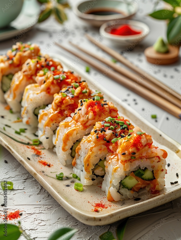 Traditional Firecracker Roll with spicy tuna, cucumber, and avocado, served on a light plate, close up Traditional Firecracker Roll with spicy tuna, cucumber, and avocado, served on a light plate, close up