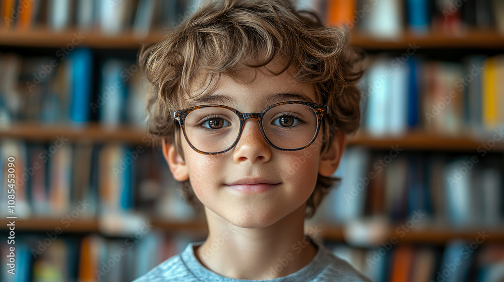 A cheerful boy wearing glasses stands confidently in a vibrant library, showcasing his love for reading among countless books A cheerful boy wearing glasses stands confidently in a vibrant library, showcasing his love for reading among countless books