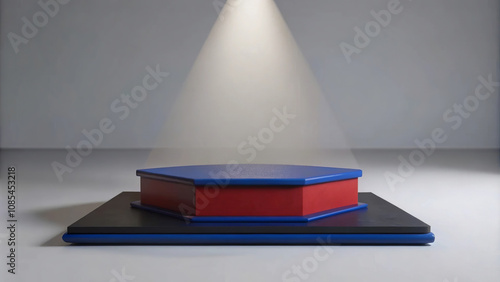 Warm lighting and a layered podium design make this space perfect for presentations.