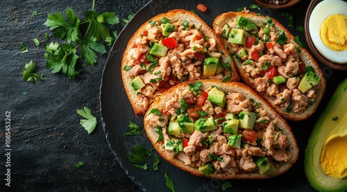 Wallpaper Mural Three open-faced tuna avocado sandwiches on a dark plate, garnished with parsley and tomato.  A halved boiled egg and avocado are nearby. Torontodigital.ca