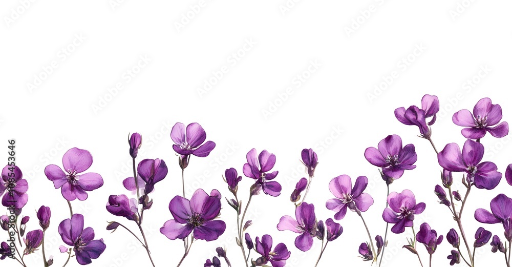 Purple Flowers Blooming Along White Background Purple Flowers Blooming Along White Background
