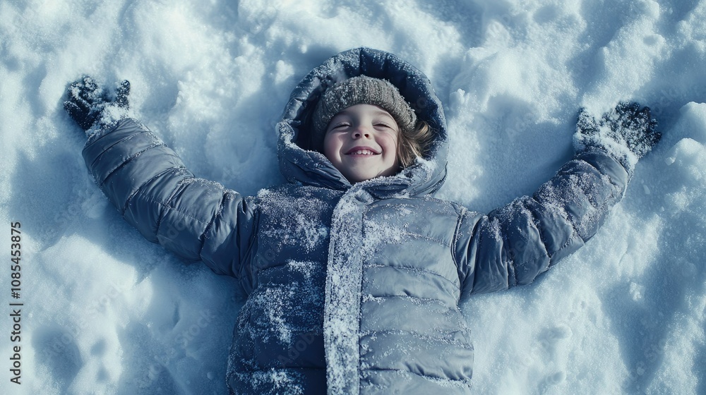 Young child bundled in a puffy coat, lying in the snow while creating a snow angel, with a joyful smile and a serene winter scene Young child bundled in a puffy coat, lying in the snow while creating a snow angel, with a joyful smile and a serene winter scene