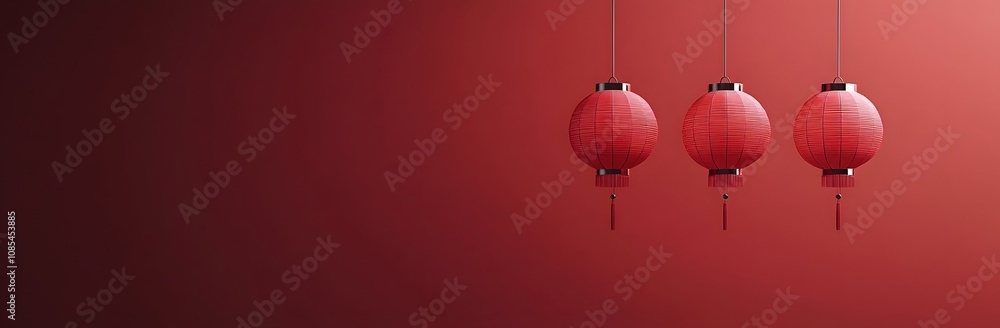 Obraz premium Three Red Chinese Lanterns Hang Against A Red Background